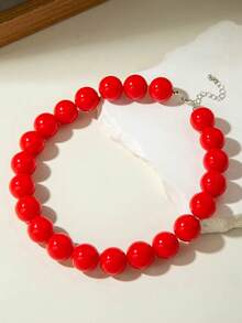 1pc Necklace + 1pc Bracelet + 1 Pair Earrings / Dopamine Vacation Style Retro Acrylic Red Large Round Bead Jewelry Set Suitable For Women Beach Outing Jewelry Gift - 31473-nBE-red-set-eP - View 8