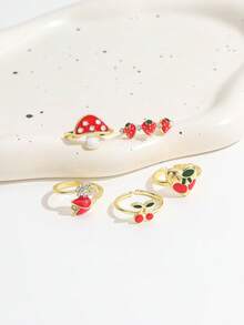 5PCS Sweet Faux Enamel Mushroom Cherry Strawberry Rings, Heart Cherry Mushroom Multi-Element Rhinestone Rings, Cute Cartoon Heart Cherry Stackable Rings For Girls - Gold - View 4