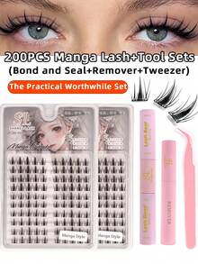 200 Clusters 2 Box Manga Lashes,4 IN1 Lash Bond And Seal, Glue Remover,Tweezer Lash Kit, Individual Natural Long Synthetic Faux Mink Wispy Comfortable Synthetic Faux Mink Eye Lashes Cils For Home Party,Valentine's Day, Traveling,Festivals Makeup - 黑色 - 查看 1