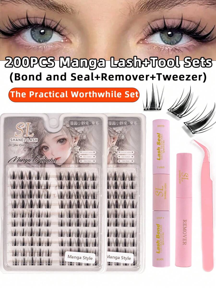 200 Clusters 2 Box Manga Lashes,4 IN1 Lash Bond And Seal, Glue Remover,Tweezer Lash Kit, Individual Natural Long Synthetic Faux Mink Wispy Comfortable Synthetic Faux Mink Eye Lashes Cils For Home Party,Valentine's Day, Traveling,Festivals Makeup - 黑色 - 查看 1