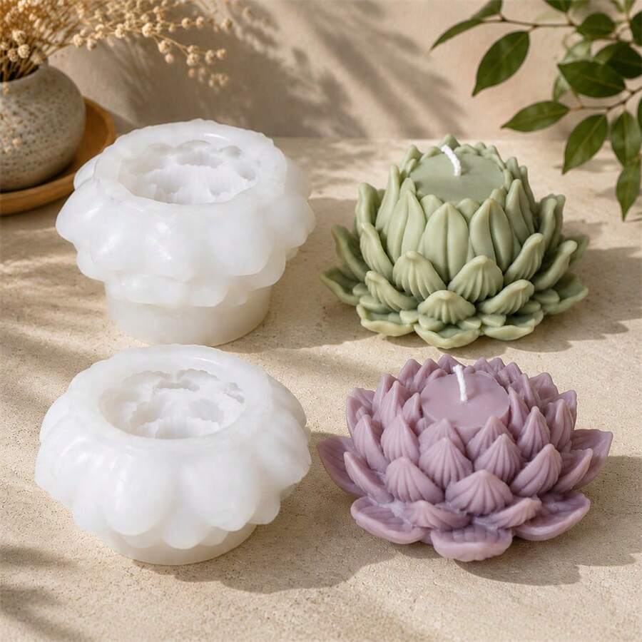 2件組蓮花蠟燭模具套裝 矽膠花朵蠟燭模具 DIY 手作香氛蠟燭製作模具 可重複使用 樹脂蠟鑄模 家居裝飾禮品