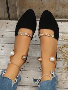 Women's New Pearl Ring Metal Flat Hollow Pointed Toe Low-Top Casual Beach Shoes - Black - View 4