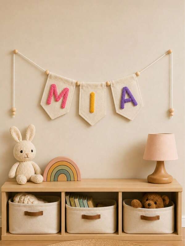 Banner de Lona com Nome Personalizado para Bebê, Decoração de Parede Personalizada para Quarto de Bebê, Placa Pendurada Feita à Mão para Quarto Infantil, Presente para Chá de Bebê