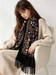 1pc Vintage Floral Embroidered Scarf With Colorful Line Pattern, Thick Warm Oversized Shawl, Premium Gift For Mom And Elders - Black - View 2