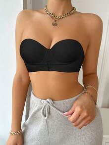 Women's Bandeau Front-Closure Push-Up Bra, Comfortable Breathable Perforated Mesh Fabric, Non-Slip Support, Convenient Front-Closure Design - Black - View 8