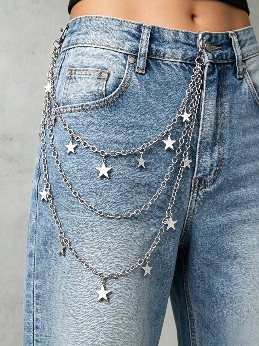 1pc Hip Hop Punk Star Pendant Tassel Waist Chain Pants Chain, Street Fashion Unisex Accessory, Y2K Style Metal Chain Jeans Accessory - Multicolor - View 1