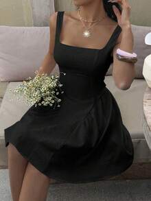 Women Fall Black Square Neck Mini Dress,Low Back Big Bow Flared Skirt For Back To School Vacation Birthday Going Out - Black - View 4