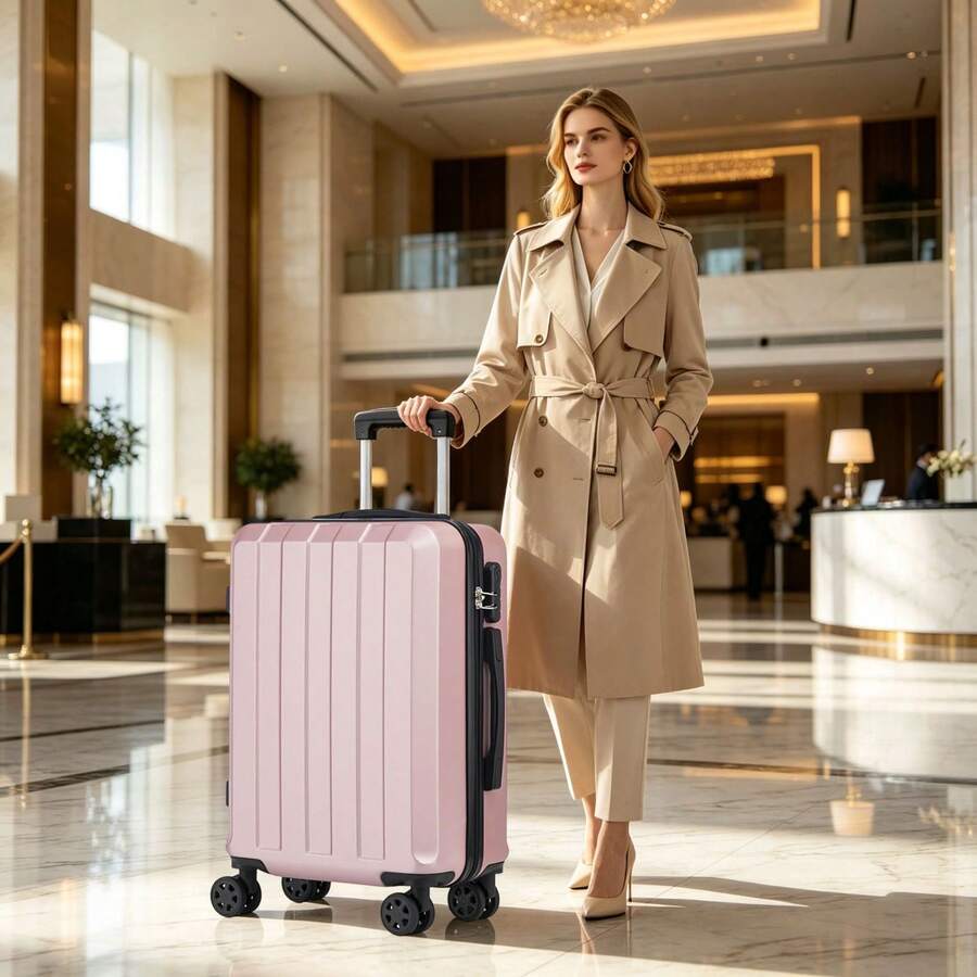YONSLY Suitcase 16/20/24/28 Inches With 4 Wheels 360° Combination Lock Mesh Pocket Soft Rubber Handle Lightweight Large Travel Suitcase For Vacation - 玫瑰金 - 查看 1