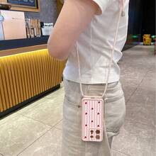 1pc Fashionable Minimalist Heart Stripe Pattern With Adjustable Shoulder Strap Hemp Rope Pink Eye Stair Diamond Sand Phone Case For Android S26Ultra S25Ultra S24Ultra S23Ultra/ A54 A55 A57 A37/ Note 14 Pro 5G/HONOR/, Anti-Drop Anti-Slip Phone Case - Pink - View 4
