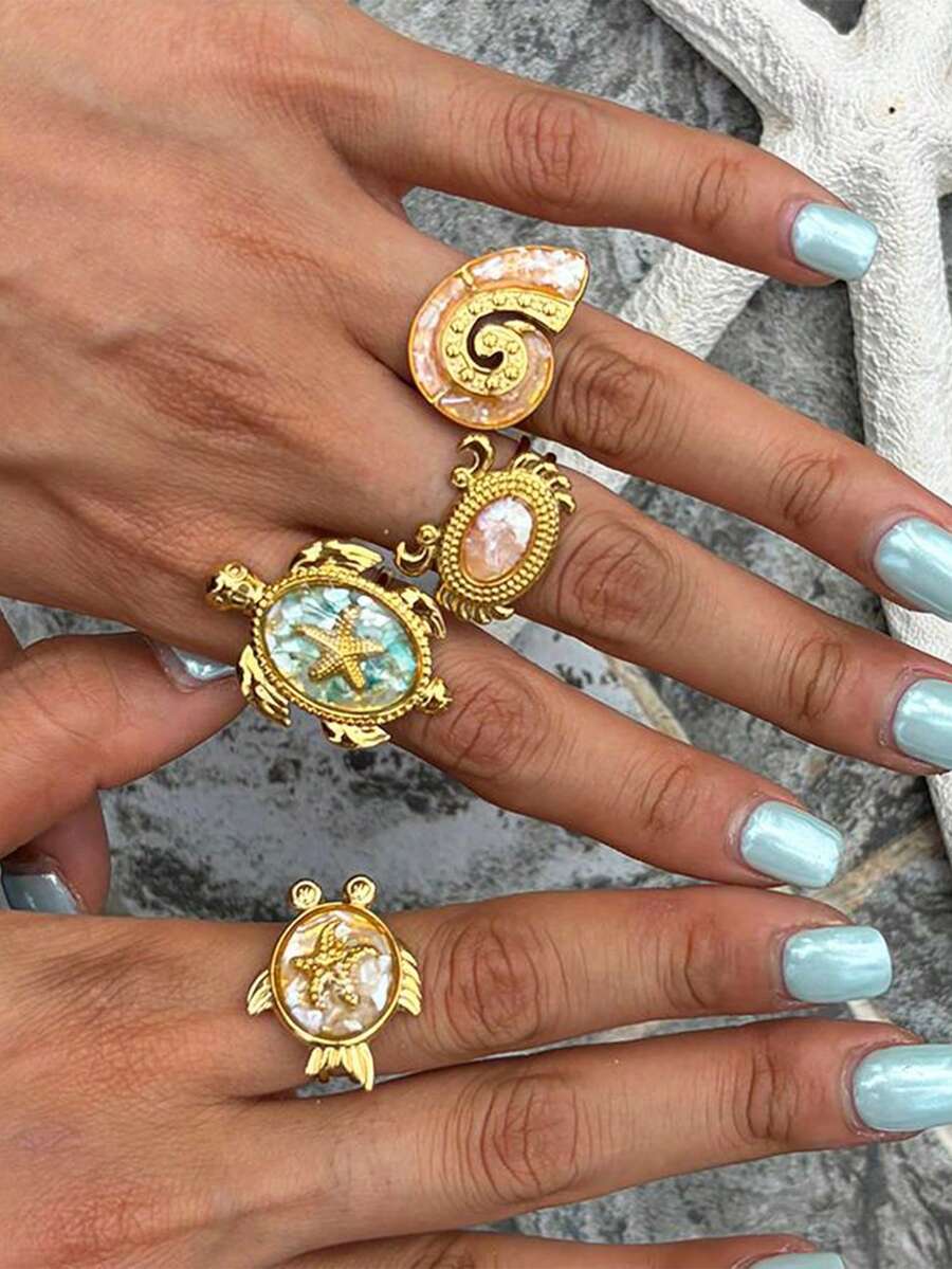 Uself 4pcs/1pc Gold Stainless Steel Open Rings For Women, Adjustable Ocean Animal Rings With Turtle, Starfish, Shell, Crab Designs, Beach Vacation Jewelry Accessories - Multicolor - View 1