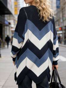 Plus Size Stripe Sweater Cardigan, Long Sleeve Knit Open Front With Asymmetrical Hem For Fall Winter Layering - Multicolor - View 6