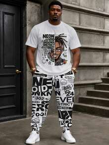 Plus Size Men's 2-Piece Set, Men's Long Pants, Graphic T-Shirt, Streetwear Series "NEON DISTRICT Newspaper Style Collage Portrait Graffiti Print" Pattern Outfit - Polyester Fabric, Drawstring, Pockets, Suitable For Plus Size Body - Multicolor - View 4