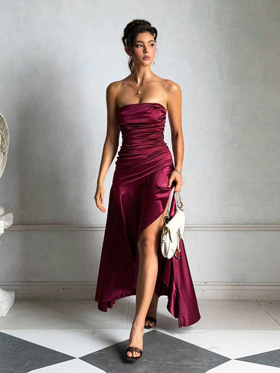 Women's Summer Red Strapless Satin Slit Slip Dress For Party, Holiday, Back To School