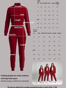 Setelan Wanita 2 Potong Terbaru Musim Semi, Gugur, dan Musim Dingin, Warna Polos Kasual dengan Jaket Pendek Berresleting & Celana Panjang Ketat dengan Pinggang Elastis dan Kantong, Setelan Elegan - Burgundy - View 7