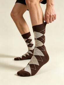 1/4 Pair Men's Brown Diamond Grid Polka Dot Striped Mid-Calf Socks, Breathable Vintage Gentleman, British Style, Geometric Print, Diamond Grid Polka Dot Striped, Suitable For Office Commute Gift-Giving Scenarios, Minimalist Style, Classic Design, Suitable For Daily Commute Office Scenarios, Suitable For Business Workplace Gift-Giving Scenarios, - Multicolor - View 5