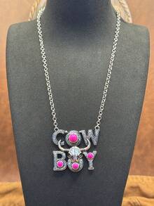 Vintage Western Cowboy Bull Head Turquoise Letter Long Necklace COWBOY Heavy-Duty Distressed Silver Pendant, Multiple Colors Available, American Country Music Festival Hot Girl Outfit Accessory, Outdoor Camping Road Trip Holiday Gift Jewelry - Western Cowboy - View 5