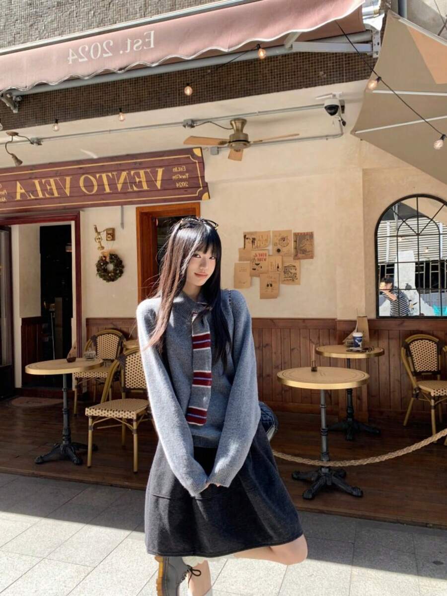 Y6Y Colorblock Grey Ribbon Design Women's 2026 Summer New College Style Soft Fluffy Youthful Loose Knit Long Sleeve Sweater - Grey - View 1