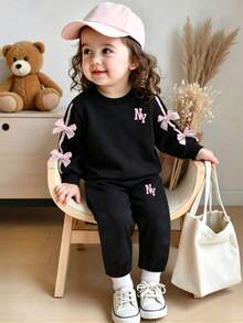 Baby Girl Letter Pattern Ribbon Bow Decor Round Neck Long Sleeve Top And Pants - Black - View 6