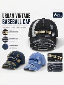 1件中性款做舊水洗牛仔棒球帽，BROOKLYN字母刺繡復古磨損破洞卡車帽，可調節街頭風Y2K遮陽帽 - BROOKLYN牛仔破洞 - 查看 12