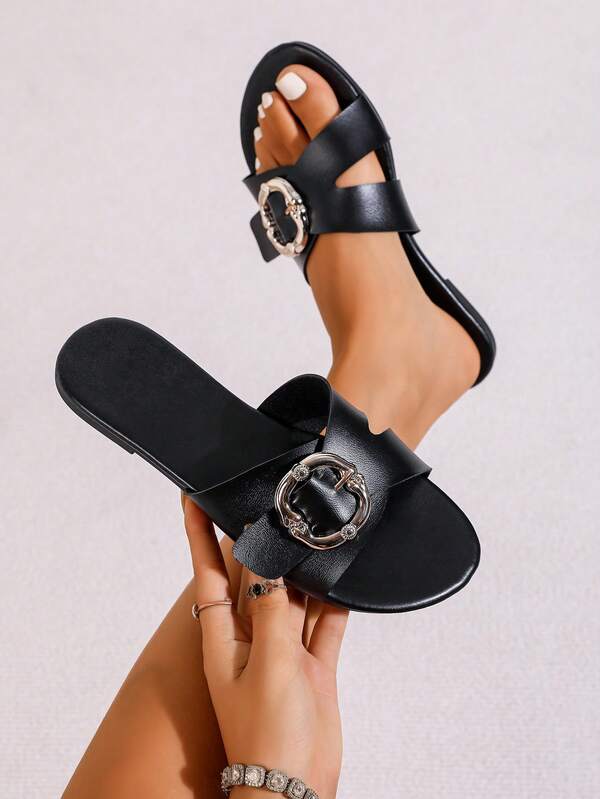 PWIIMG Women's Black Summer Casual Fashion Solid Color Versatile Flat Sandals, Elegant Square Toe Sandals With Exaggerated Metal Buckle Decor, Minimalist Casual Slide Sandals For Beach, Daily Wear And Home
