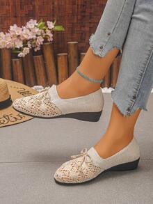 Mocasines de mujer con diseño calado, empalme y lazo, elegantes y cómodos, adecuados para el uso diario/compras/viajes al aire libre. - Beis - Ver 4