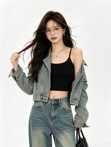 韓式港風美式復古休閒寬鬆牛仔夾克外套，鈕扣開襟上衣，學院風度假日常款，適合春秋 - 淺藍色 - 查看 2