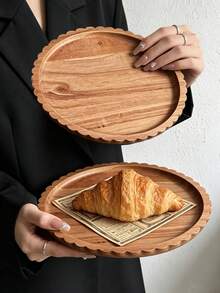 1pc Wavy Ruffled Round Solid Wood Tray, Flower-Shaped Natural Wood Cake & Dessert Display Plate, Light Wood Color With Rim, INS Style Afternoon Tea Bread Food Photography Storage Tray, Flower Round Wooden Serving Plate For Home, Cafe, Dessert Display, Solid Wood Tray - Brown - View 3