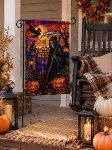 1 pieza Bandera de jardín de lino de Halloween, con estampado de vidriera de la parca, calabaza, cuervo, luna llena, puerta del cementerio y telaraña, con funda para poste, decoración gótica para exteriores para césped, porche, patio, camino, casa embrujada y decoración de fiesta de Halloween - Multicolor - Ver 7