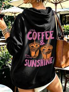 Women's Hooded Sweatshirt, Autumn/Winter New Iced Coffee Pattern And Letter Print, Drawstring Design, With Pockets, Casual Versatile Loose Fit Top, Fashionable Daily Wear - Black - View 8