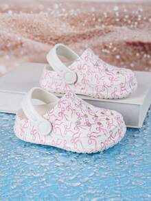 1 par de zuecos cómodos y de moda casual para niñas con estampado de lazo, versátiles para interior/exterior y playa, con protección de dedos - Blanco - Ver 2