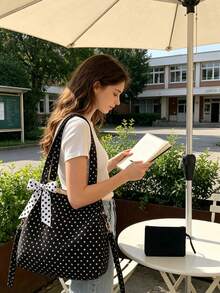 Vintage Star Print Tote Bag Set With Polka Dot Bow, Large Capacity Women Shoulder Handbag With Matching Small Pouch, Multi-Purpose Bag For School Work - Multicolor - View 2