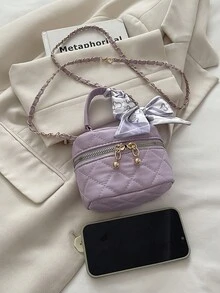 黑色絎縫鏈條小方包，迷你手提化妝包，多功能斜背包附愛心吊飾，通勤手提包 - 紫色 - 查看 8