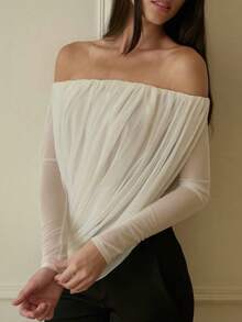 Women's Off The Shoulder Knitted Semi-Sheer Top With Asymmetrical Hem, Long Sleeve Regular Fit For Fall Outfits - White - View 3