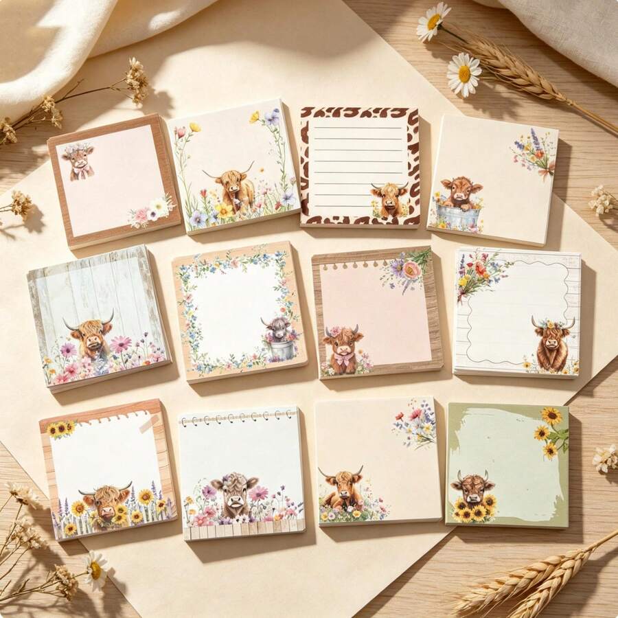 3/9/12 Pack Highland Cow Sticky Note Set - Cute Cow And Flower Design, Durable Paper, Perfect For Birthday Parties, Home, School And Office, Ideal Gift For Women On Valentine's Day - one-size - View 1