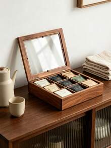 1pc Wooden 9 Grid Tea Bag Storage Box Divided Tea Packet Organizer Multi Compartment Tea Caddy For Kitchen Countertop Coffee Station Home Decor Housewarming Gift - Brown - View 9