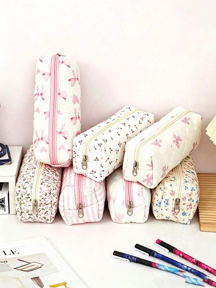 1/3pcs Cute Bow & Floral Pencil Case, Light Pink Multicolor, Soft Polyester, Compact & Portable, Fresh Style, Suitable For All Seasons, Perfect For School, Office, Travel