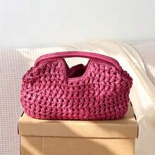 BAILEE Nuevo bolso de mano de paja tejida a mano para mujer, conjunto de una sola pieza, adecuado para compras, salidas casuales, vacaciones, reuniones y fiestas - Rosa Fucsia - Ver 5