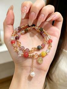 1 pieza Pulsera de doble capa con cuentas de colores, diseño premium, estilo de nicho, accesorio de mano exquisito - Multicolor - Ver 6