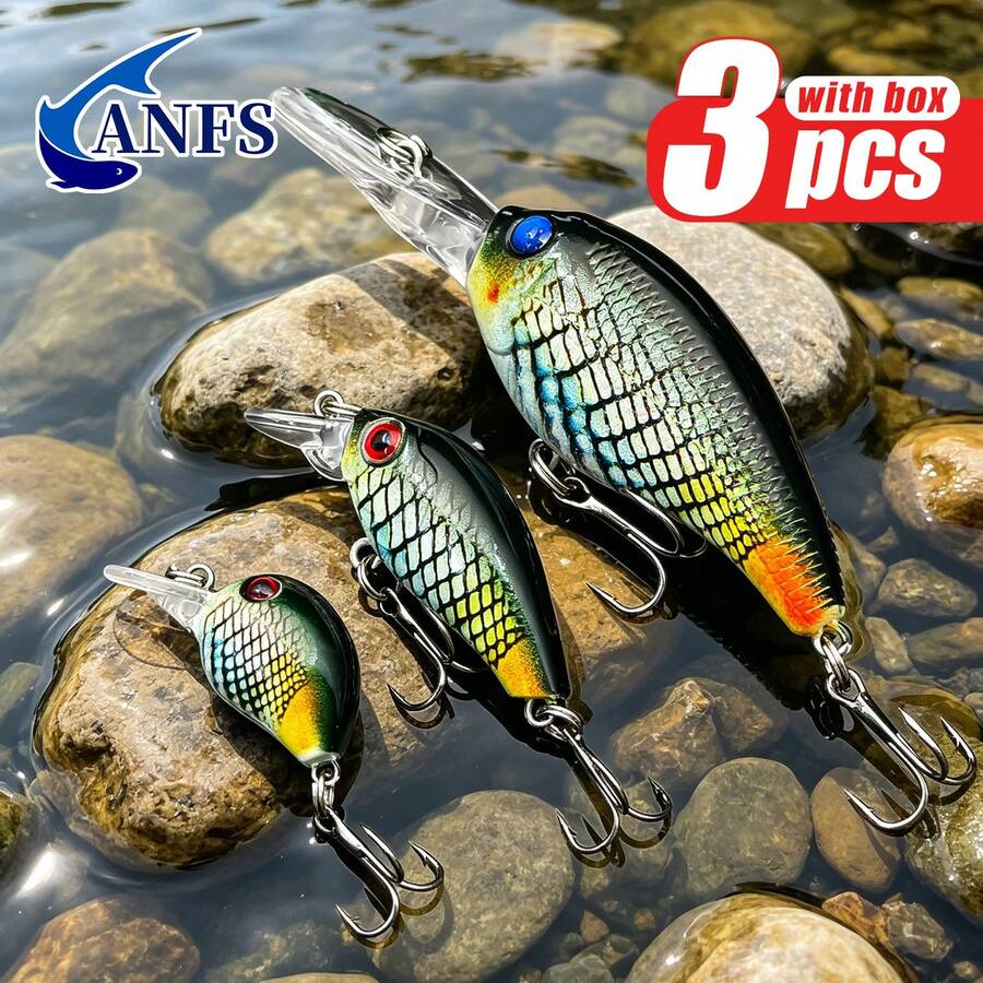 ANFS 3件組釣魚路亞，混色設計，逼真小型魚形曲柄路亞，適用於淡水與鹹水釣魚