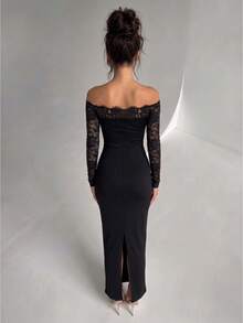Gaun Pesta Bodycon Lengan Panjang Berpotongan Pas Badan dengan Lipatan dan Bahu Terbuka, Motif Renda Elegan - Hitam - View 4