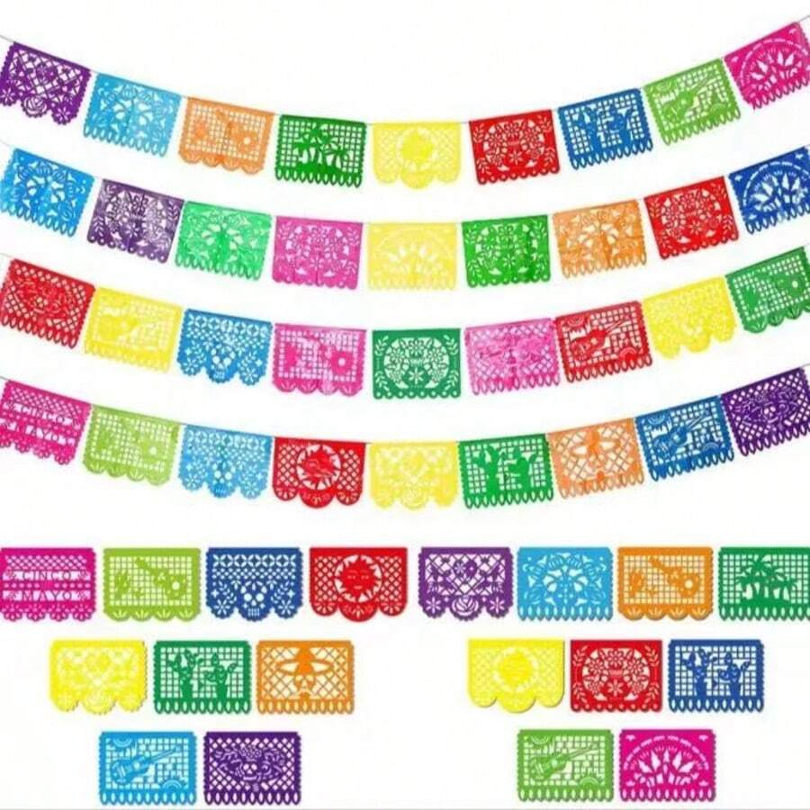 1 Set 42.5cm*31cm, PVC Waterproof Hollow Cutout Bunting, Mexican Day Of The Dead Party Decoration Bunting, Suitable For Outdoor Yard, Bar, Restaurant, Festival Celebration Decor Mexican Celebration Colorful Paper Flags, 5.5m Long, Ideal Choice For Carnival Party And Supplies