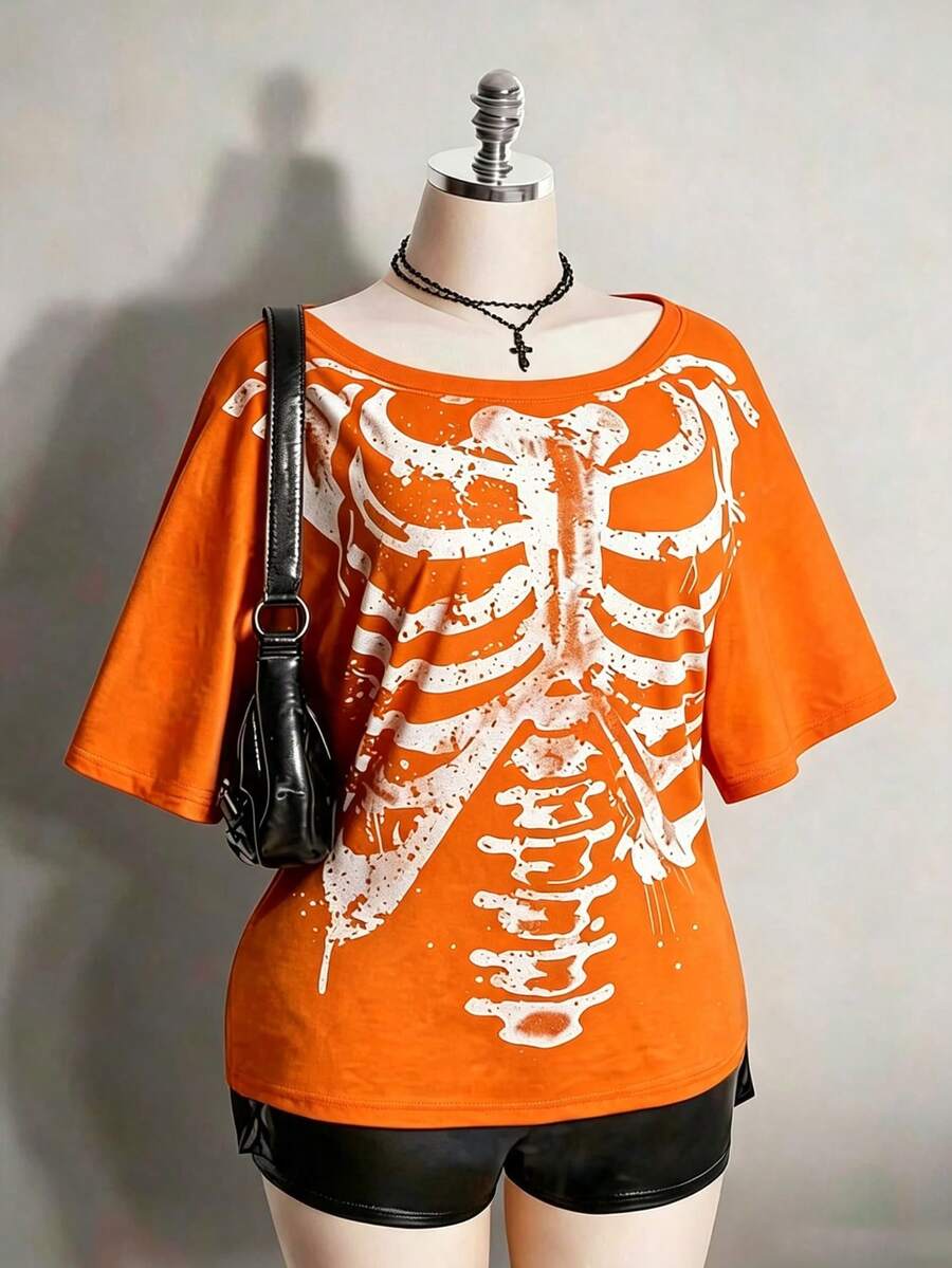 2026 Summer Collection,Retro Gothic Plus Tee: Distressed Skull & Rose, Y2K Punk Style, Sizes S-7XL, Ships 24H - 橘色 - 查看 1