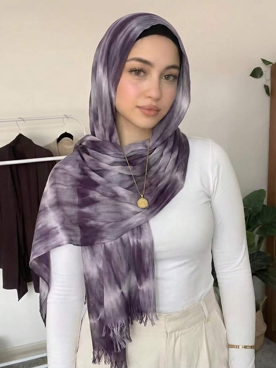 1pc Water Ripple Tie-Dye Fringed Scarf, Women's Muslim Headscarf, Naturally Wrinkled, Soft, Thin, Long Scarf, Elegant Headscarf For Daily Travel, Shaw - Multicolor - View 1