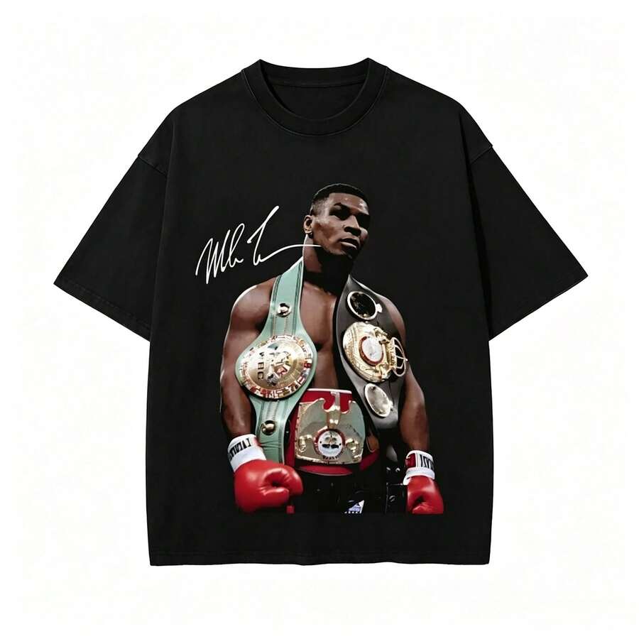 T-Shirt, 90s Vintage Boxing Sport Legend Oversize Washed T-Shirt For Men's Fit Batik Cotton Oversize Streetwear Menswear  Super Soft Pre-Shrunk - Stil1 - Übersicht 1