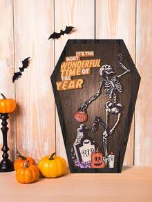 1 pièce Décoration de cercueil de squelette dansant d'Halloween, artisanat en bois avec "" et lettrage anglais, ornement d'art humoristique intérieur/extérieur, convient pour la décoration de la maison et des fêtes, automne, décoration de chambre d'Halloween, décoration de la maison, décoration d'Halloween - Multicolore - Voir 4