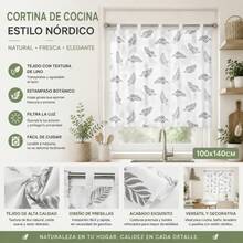 Grey Leaf Print Linen Kitchen Curtain, Nordic Style Short Window Curtain With Tabs For Bathroom Or Hallway, Filters Light And Provides Privacy - White - View 2