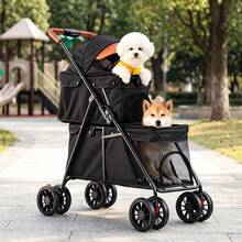 Foldable 2-In-1 Pet Stroller For Cats & Small Dogs – Lightweight 4-Wheel Trolley With Adjustable Canopy, Breathable Mesh Panels, Storage Compartment & Included Carry Bag – Compact Design For Walks, Travel & Outdoor Adventures (Black) - Double Layer - 查看 2