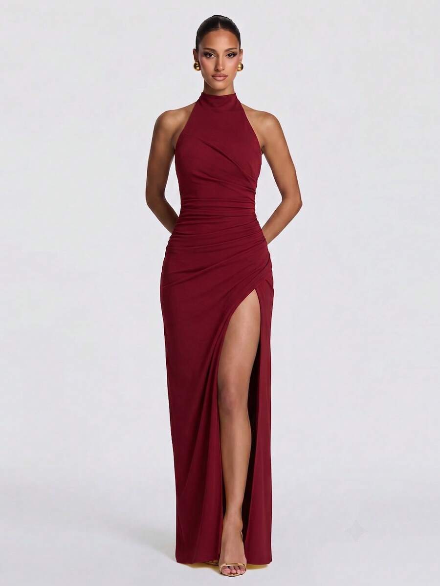 2026 New Solid Color Elegant Mature Sexy Knit Fabric High Slit To Thigh Dress For Party, Wedding, Date, Homecoming, Wedding Guest, Formal Evening Event, Summer - Burgundy - View 1