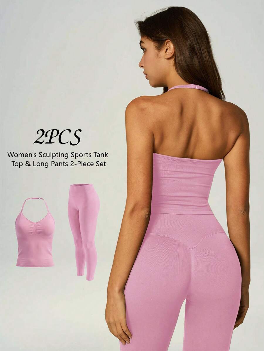 UONNOU 2pcs Women's Sports Shaping Set, Seamless Halter Neck Ruched Backless Top, High Waist Butt Lifting Tight Leggings, - Pink - View 1