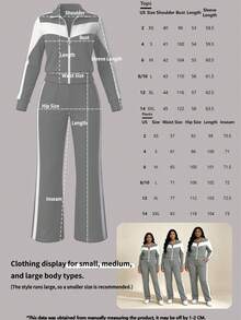 2pcs Women's Color Block Zipper Jacket And Casual Pants Set, Sports Style, Suitable For Spring And Autumn Elegant - Grey - View 8